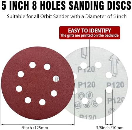 52 Pack 5 Inch 8-Hole Hook and Loop Sanding Discs Sandpaper Red Round 60 80 120 220 320 Mixed Grits Sandpaper for Random Orbital Sander