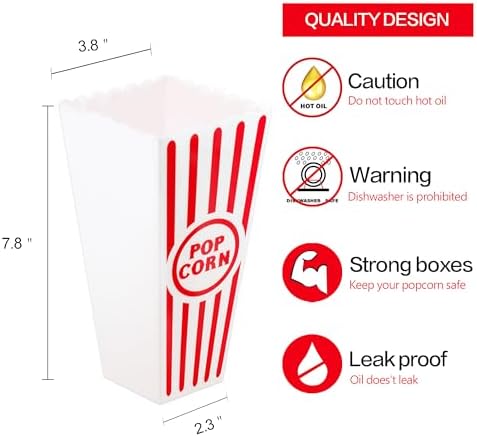 Novelty Place Plastic Red & White Striped Classic Popcorn Containers for Movie Night - 7.8" Tall x 3.8" Top x 2.3" Bottom, 41oz (4 Pack)