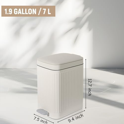 Small Bathroom Trash Can with Lid, 1.9 Gallon Slim Soft Close Step, Cream