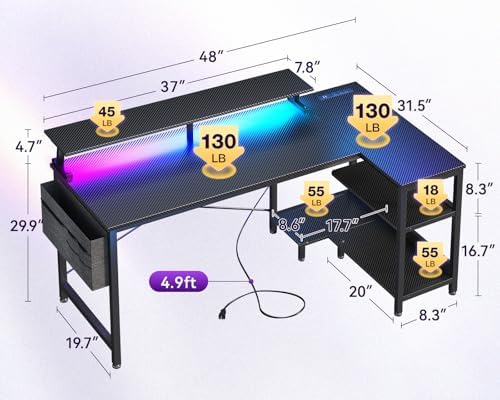 ODK 48 Inch L Shaped Gaming Desk with LED Lights, Power Outlets, Black