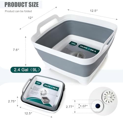 FOSJGO Collapsible Dish Basin with Drain Plug, Foldable Sink, 2.4 Gal (9L)