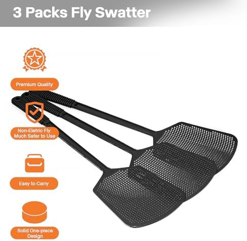 Fly Swatters-Begonia Flexible Heavy Duty Thick Fly Swatters with Bigger Paddle, Black 3 Pack