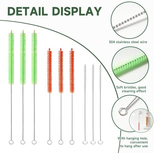 9PCS Reusable Long Colored Straw Cleaner Brush Set 12" Bendable