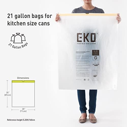 EKO 21 Gallon / 50-90 Liter, 60 Count Drawstring Trash Bags, Extra-Strong Unscented Garbage Bags, Easy-Dispense Roll for Kitchen & Household Use, Code G, White