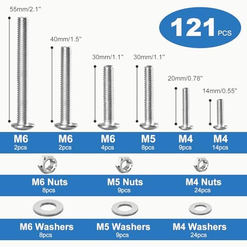 121PCS Nuts and Bolts Assortment Kit, M4 M5 M6 Phillips Head Machine Screws Assorted Set with Storage Case, Small Metric Bolts Nuts and Flat Washers Kit