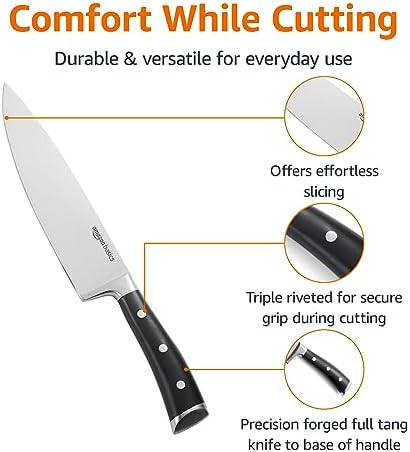 Amazon Basics Classic 8-inch Full Tang High Carbon Stainless Steel Chef's Knife, Multipurpose Kitchen Knife with Three Rivets, Silver