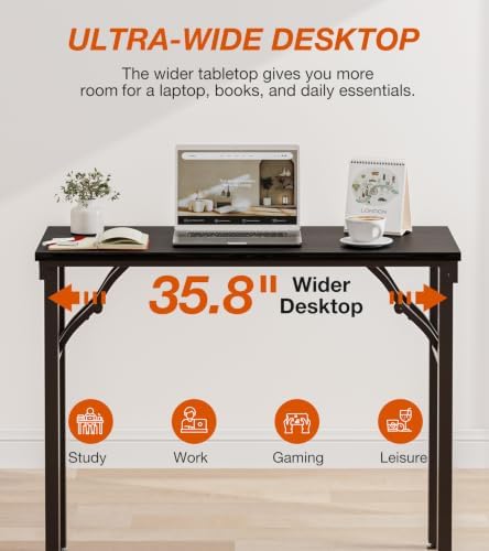 Folding Table Computer Desk - 35.8" No Assembly Folding Desk Design and Foldable Office Desk, Small Desk for Bedroom, Compact Storage Portable Use for Dorm and RV Small Space, Dark Oak