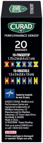 Curad Performance Series Fingertip and Knuckle Antibacterial Bandages, Extreme Hold Adhesive Technology, Fabric Bandages, 20 Count