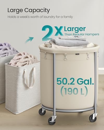 SONGMICS Laundry Basket with Wheels,190L, Steel Frame, Removable Bag
