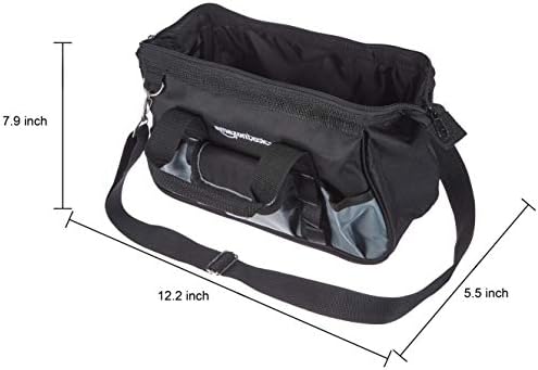 Amazon Basics Durable Wear-Resistant Tool Storage Bag with Adjustable Shoulder Strap, Portable Tool Organizer, 16 Pockets, 12 in, Black & Gray
