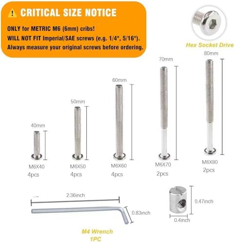 Crib Screws Hardware Replacement Kit - 16 Set M6 Hex Drive Socket Cap Barrel Nuts Assortment Kit for Baby Bed Cribs Furniture, M6x40/50/60/70/80mm