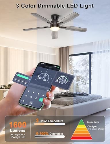 Ohniyou 52'' Low Profile Ceiling Fan with Lights, Remote/APP Control, Black