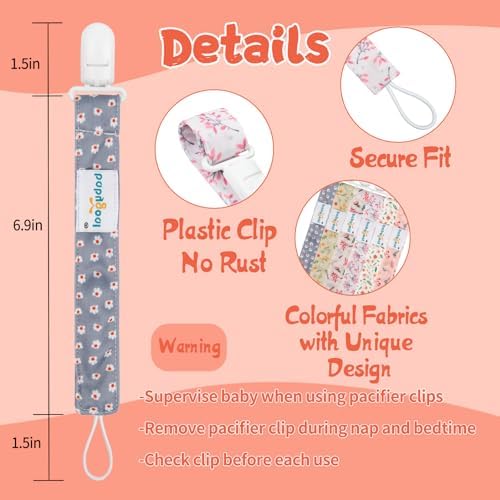 babygoal Floral Pacifier Clips, 6 Pack Binky Paci Holder Clips Leashes Fits for Most Baby Pacifiers and Binkies