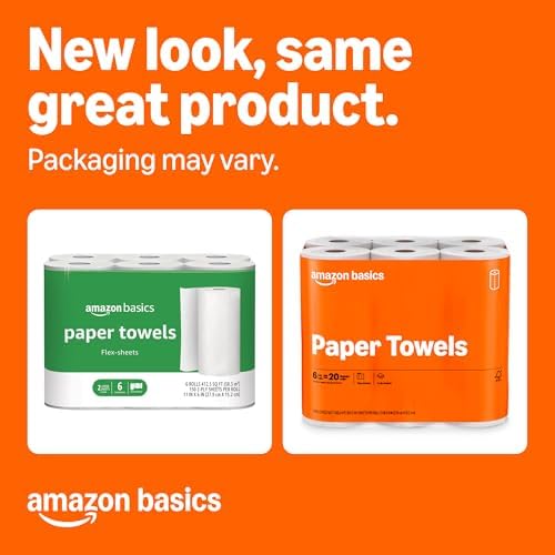 Amazon Basics 2-Ply Flex-Sheets Paper Towels, 12 Basics Rolls = 40 Regular Rolls, Everyday Value with 150 Sheets per Roll, Packaging May Vary