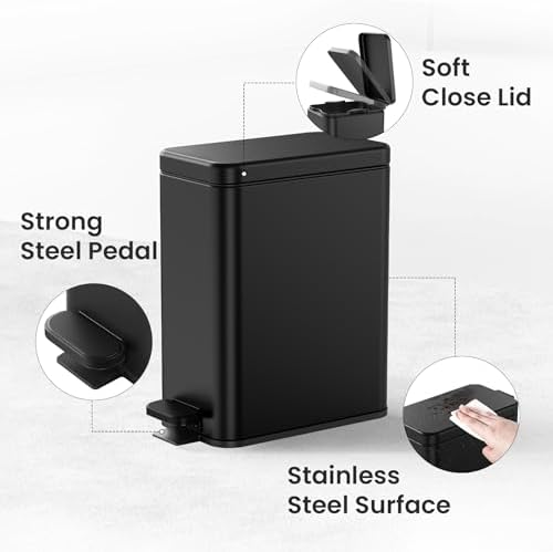 Cesun 2.6 Gallons Small Bathroom Trash Can with Lid Soft Close, Black