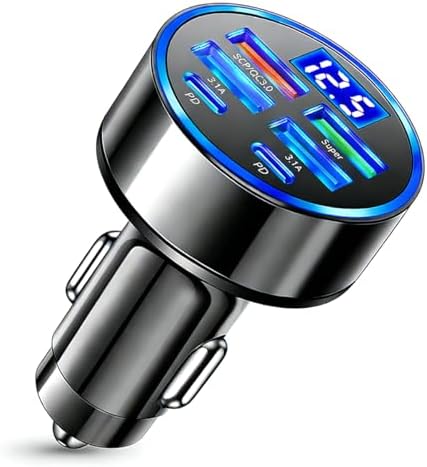 USB C Car Charger Adapter with Voltmeter Compatible with iPhone, Super+ QC3.0 6 in 1 Multi-Port Super Fast Charging Cigarette Lighter USB Charger for Android, Samsung
