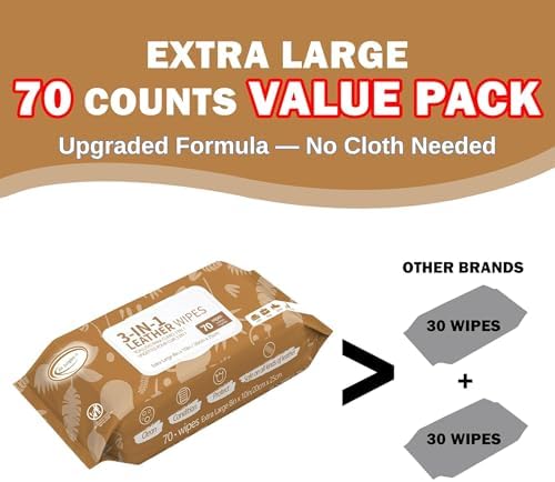 Air Jungles 3in1 Leather Cleaner Wipes 70 Count, Extra Large 8" x 10" Size