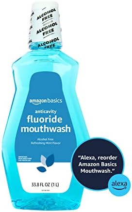 Amazon Basics Fluoride Mouthwash for Adults, Anticavity, Alcohol Free, Bad Breath Control, Strengthens Teeth - Refreshing Mint Flavor, 1 Liter