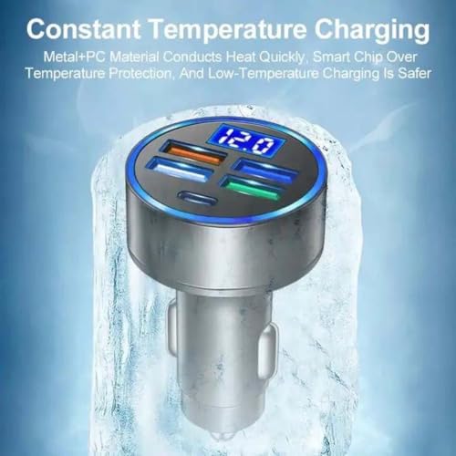 120W 5-Port Car Charger with PD Fast Charging & LED Voltage Display – USB C Cigarette Lighter Adapter (4 USB + 1 PD) for iPhone, Android & Multiple Devices