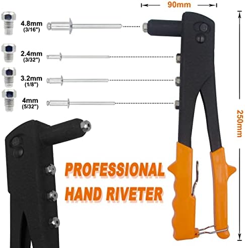 ISPINNER 225pcs Aluminum Blind Rivets Assortment Kit with Heavy Duty Hand Riveter Rivet Gun Tool, 6 Sizes Pop Rivets