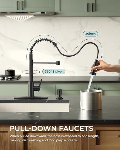 FORIOUS Black Kitchen Sink Faucet, Pull Down Sprayer, Classic High Arc