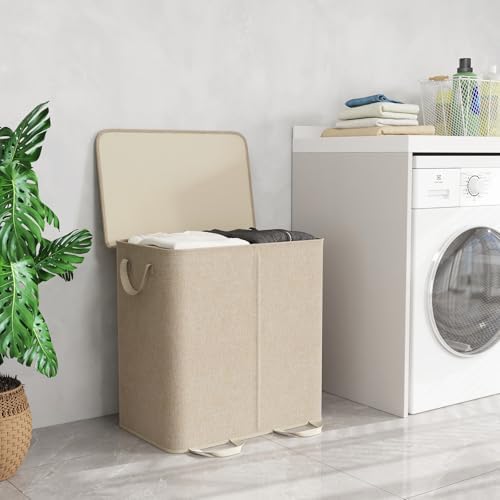 Lifewit Double Laundry Hamper with Lid, Removable Laundry Bags, Beige