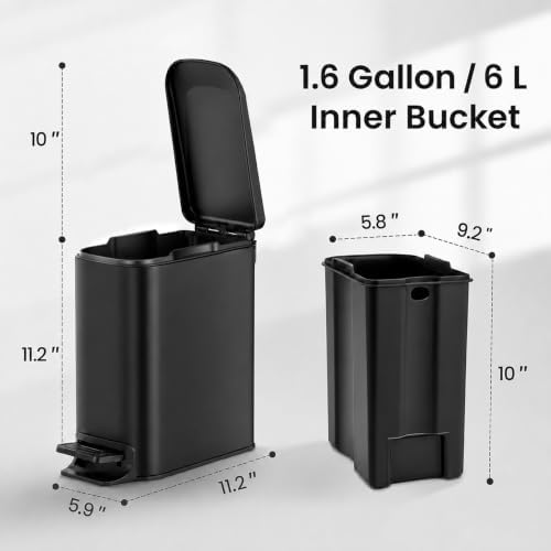 TIPGO Small Bathroom Trash Can with Lid, 1.6 Gal, Soft Close, Matte Black