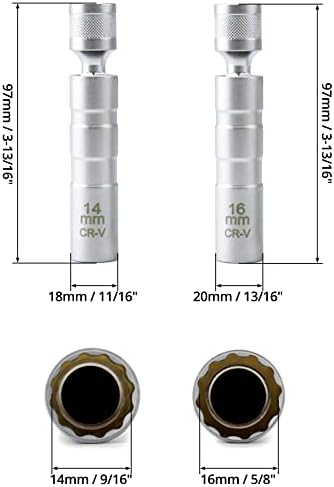 QWORK 14mm&16mm Magnetic Swivel Spark Plug Socket, Thin Wall Magnetic Rotating 3/8" Drive 12 Point Standard Spark Plug Socket Removal Tool 360-degree Rotation for Maximum Flexibility
