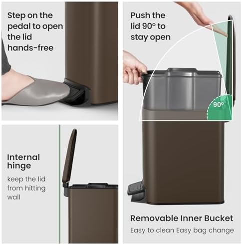 Cesun Small Bathroom Trash Can with Lid, 1.6 Gal, Soft Close, Brown
