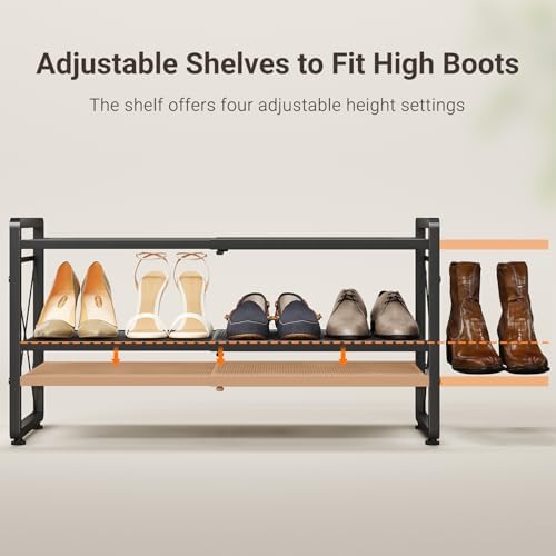 ELYKEN Expandable Shoe Rack for Closet, 2-Tier Metal Black Shoe Organizer