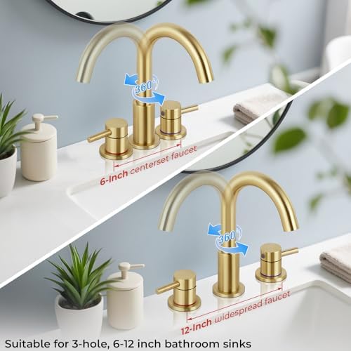 Bathroom Faucet 3 Hole Brushed Gold, 2-Handle Widespread Faucet