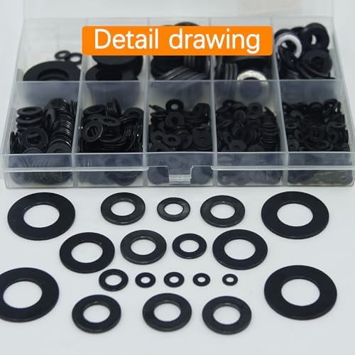 1100Pcs 9 Sizes M2-M12 Black Flat Washers for Screws & Bolts