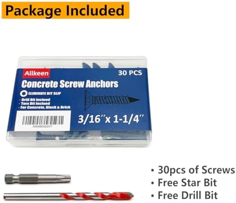 3/16" x 1-1/4" Concrete Screws, Anchoring to Masonry, Brick, Block, Cement or Stucco, 30PCS