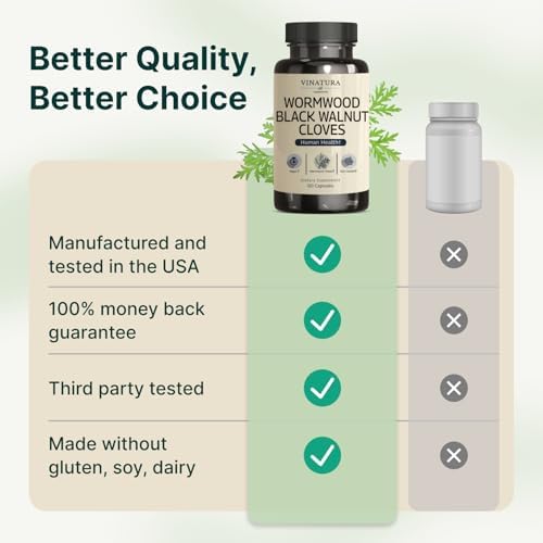 VINATURA Wormwood Black Walnut Clove Capsules - Cleanse, Detox, Intestinal Guard Formula Supplement for Humans, with Wormwood herb, Black Walnut Extract Combination, 60 Capsules