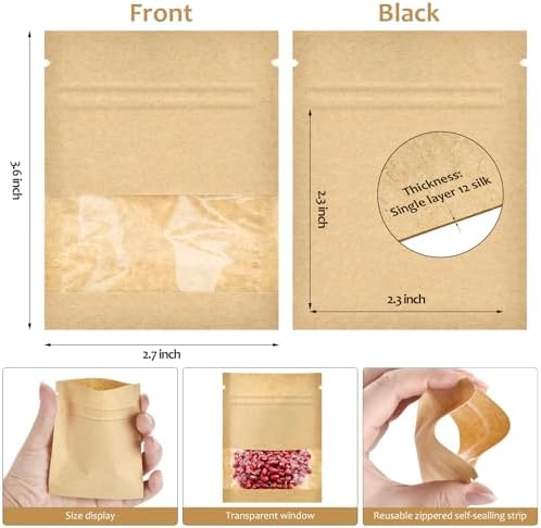 100 Pcs Small Resealable Seed Envelopes, Mini Kraft Bags with Window, 2.7"x3.5" Seed Packets Empty, Coffee Sample Bags, Food Spice Storage Bag