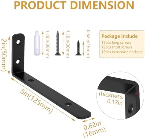 LSK 6PCS L Bracket, L 5"×H 2" Shelf Support Bracket, Max Load :42lb, Black