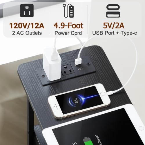 LOAKEKEL Narrow End Table with Charging Station, Small Nightstand