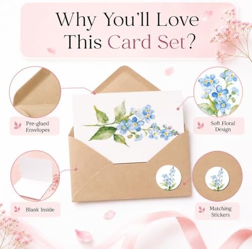 AUDREE Blank Cards with Envelopes, Watercolor Flower 50 Pack 3.5x5 inches