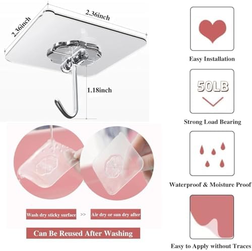 DDMY Adhesive Wall Hooks Clear 50lb(Max) Heavy Duty Hanging Sticky-10 Pack