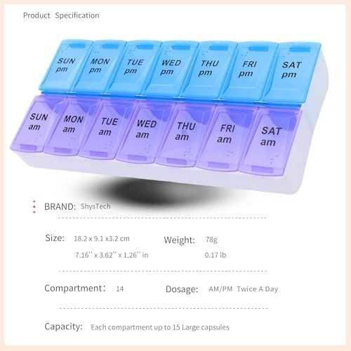7 Day Weekly AM PM Pill Organizer, ShysTech Large Pill Case Pill Box for Pills Vitamin Supplements Medication (Purple/Blue)
