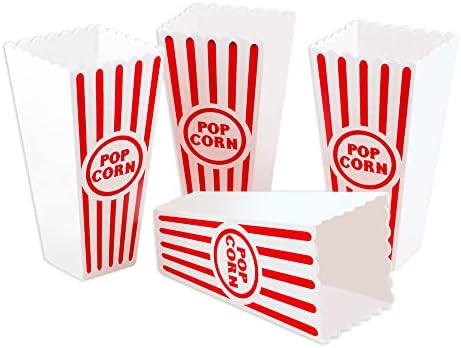 Novelty Place Plastic Red & White Striped Classic Popcorn Containers for Movie Night - 7.8" Tall x 3.8" Top x 2.3" Bottom, 41oz (4 Pack)