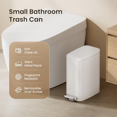Cesun Slim Bathroom Trash Can with Lid, Soft Close, White, 6L/1.6 Gallon