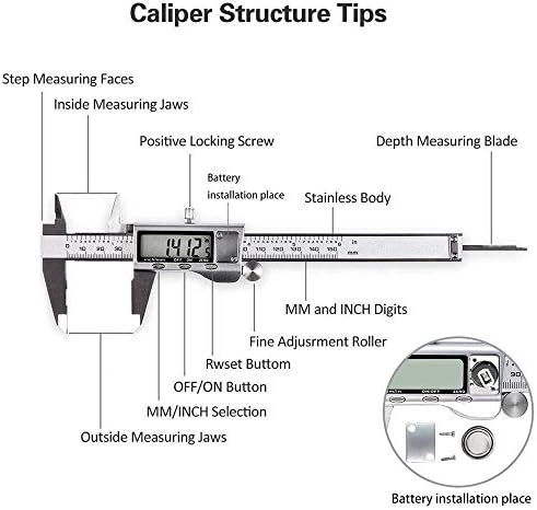 Digital Caliper, Caliper Measuring Tool with Stainless Steel, Electronic Micrometer Caliper with Large LCD Screen, Auto-Off Feature, Inch and Millimeter Conversion (6 Inch/150 mm)