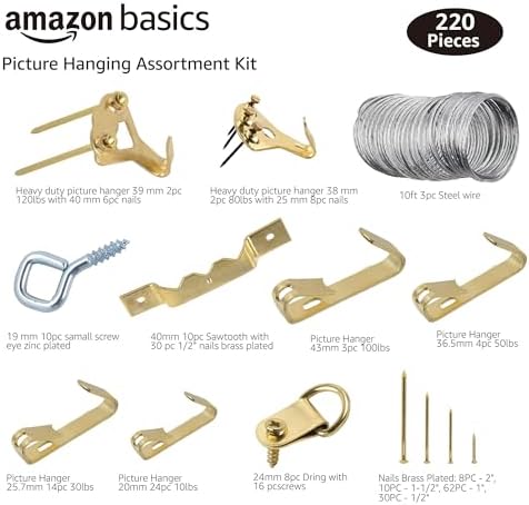 Amazon Basics Picture Hanging Hardware Assortment Kit, 220 Piece Set, Brass