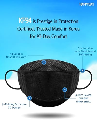 HAPPYDAY , 25 Packs, Made in KOREA Premium KF94 Micro Dust Protection Individually Packaged Black Face Mask Large