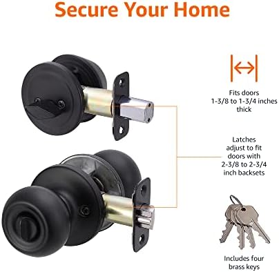 Amazon Basics Exterior Door Knob with Key Lock and Deadbolt, Keyed Alike, Coastal, Matte Black