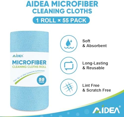 AIDEA Microfiber Cleaning Cloth Roll, Blue Shop Towels 55 Sheets 11×9"
