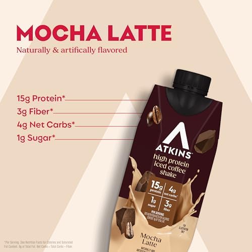 Atkins Mocha Latte Iced Coffee Flavored High Protein Shake, 12 Count