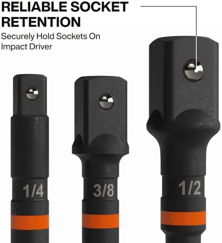 Klein Tools 65030A 3-Piece Impact Driver Socket Adapter Set, 3-Inch Quick-Connect Extensions, Knurled Grip, High-Visibility, 1/4, 3/8, and 1/2-Inch Square Drive Adapters