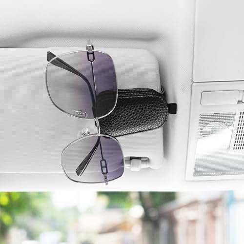 SINGARO 2PCS Sunglasses Holder for Car, Leather Magnetic Buckle Sun Visor Sunglass Clip, Ticket Card Storage Glasses Clip, Car Interior Accessories for Men and Women（Black）
